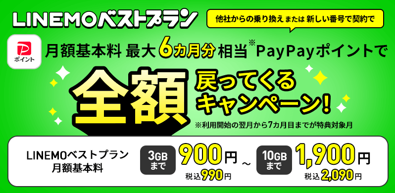 LINEMOベストプラン 最大6カ月分基本料全額戻ってくるキャンペーン