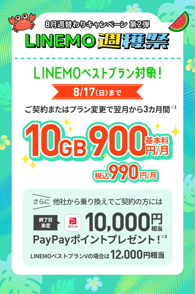 【2025/8/11〜8/17】対象プランに加入またはプラン変更でLINEMOベストプランが翌月から3カ月間基本料10GB 990円/月