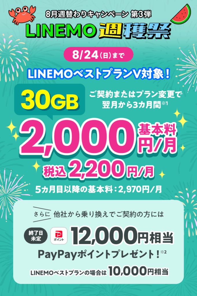 【2025/8/18〜8/24】対象プランに加入またはプラン変更でLINEMOベストプランVが翌月から3カ月間基本料30GB 2,200円/月