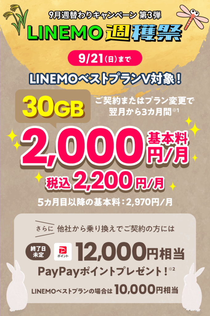 【2025/9/15〜9/21】LINEMOベストプランVが翌月から3カ月間基本料30GB 2,200円/月