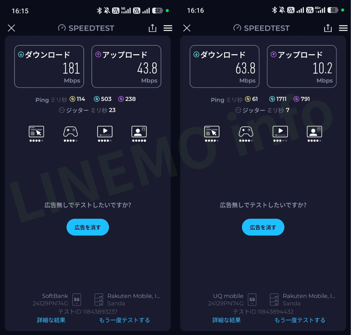 LINEMOの通信速度の測定結果(2026年8月27日、阪急三番街)